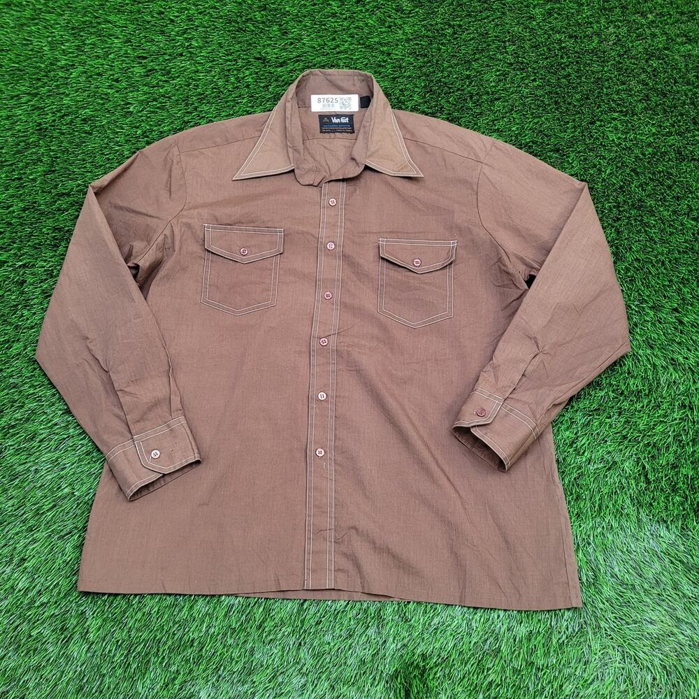 Vintage 70s Van-Cort MOD Button Shirt XL 24x30 Brown